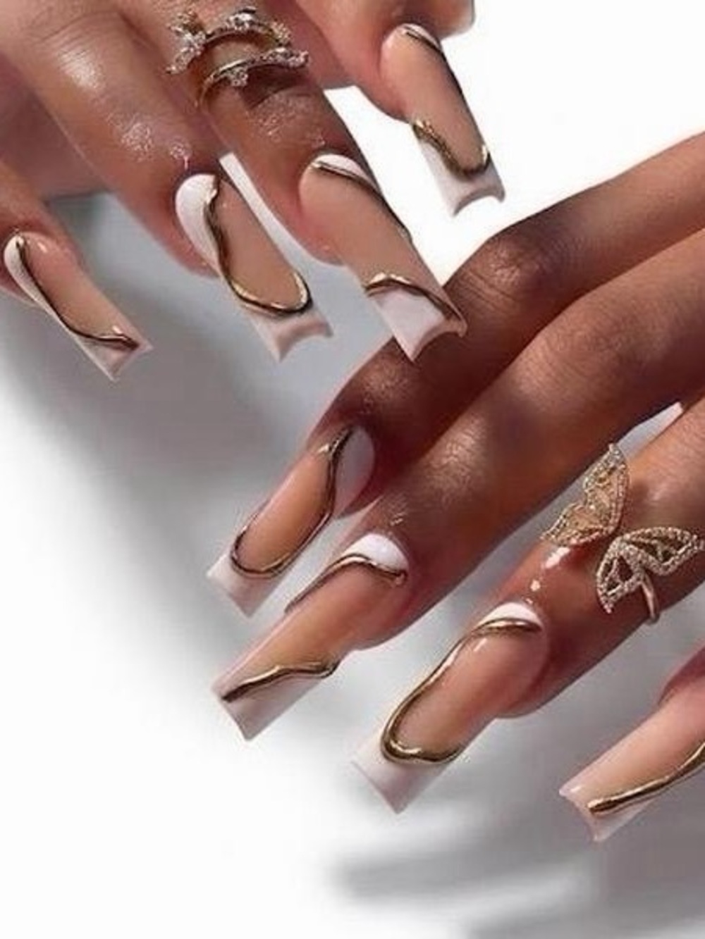 Elegant White & Nude Gold-Trim Acrylic Nail Set - Women Makeup